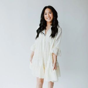 NWT Piper & Scoot Braidwood Embroidered Pleated V-Neck Tiered Cream Dress Small